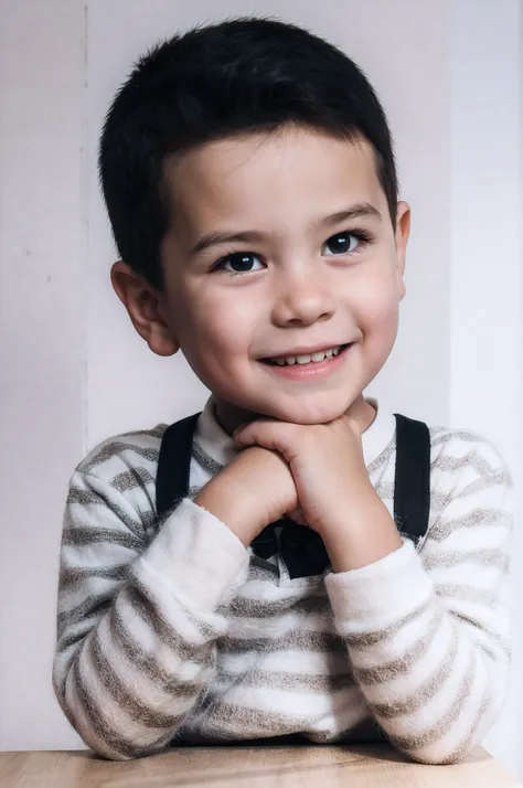 menino com cabelo preto, (Hazel  color eyes), sorridente, shirt with white and black stripes and black suspenders, with arms on a wooden table, fundo branco, Rosto super detalhado, (master part:1.2), (fotorrealista:1.1), (melhor qualidade)