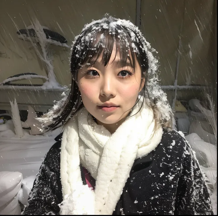 chica araffe con un abrigo negro y una bufanda blanca parada en la nieve., en la nieve, nevando, cubierto de nieve, shiori teshi...