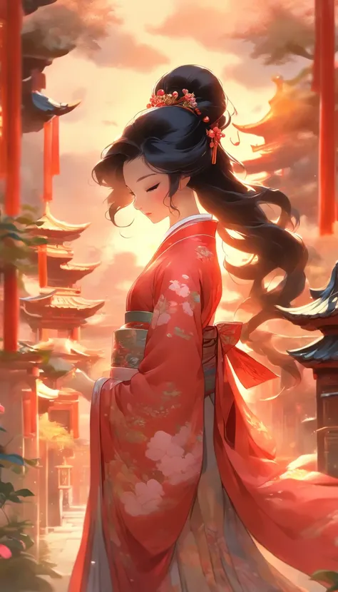 (a girl with long, flowing black hair, with beautiful detailed eyes and slightly parted lips, wearing a stunning red silk dress, standing in the middle of a vibrant Chinese-style garden),(illustration:1.1),(thick clouds gently rolling in the sky, creating ...