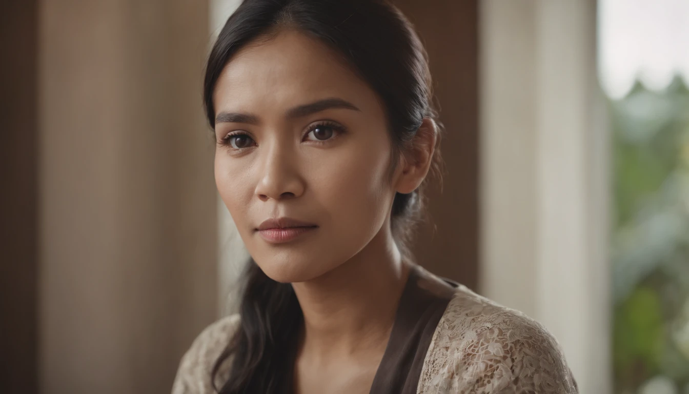 An Indonesian woman at home in the morning, seen thinking