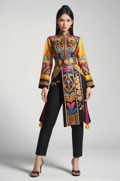 An Indonesian-styled futuristic suit worn by a girl depicting cultural fusion and modern fashion. The suit is adorned with intricate patterns and vibrant colors, showcasing the rich heritage of Indonesia. The girl stands confidently in a dynamic pose, with...