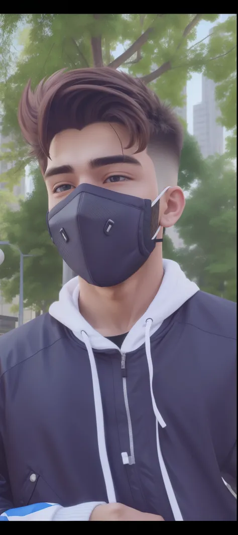 A handsome 18 years old boy with pump jacket and some bearded in his face, stylish hair, cyberpunk, ultra realistic, 8k, city in background, cute face, facemask,