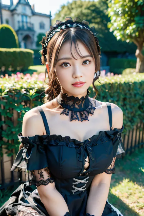 (((gothic lolita fashion:1.3)),(((lace off shoulder dress))),(((costume with intricate lace details))),(emphasis on large breast...