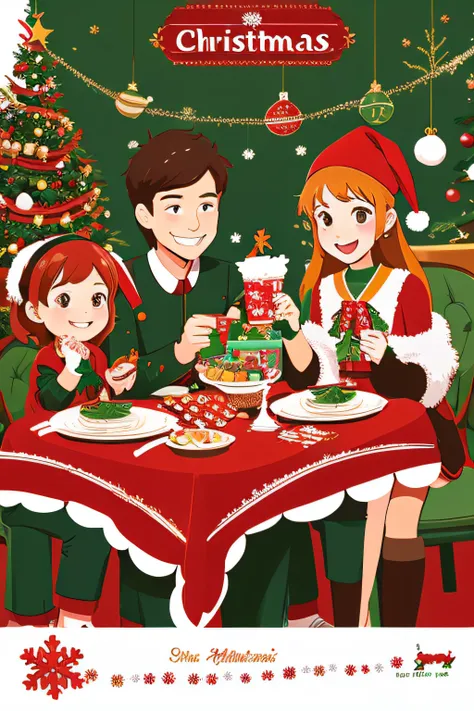 illustratio、Family gatherings、Christmas、Fun table、Christmas tree、Illustration/Anime style