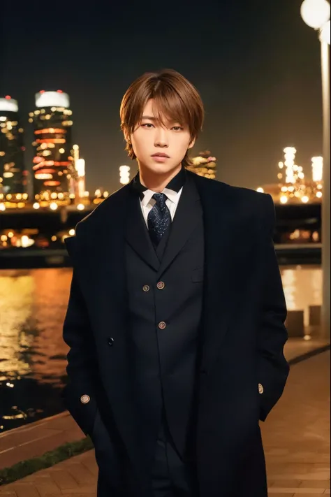 A man wearing a suit and tie stands by the water, Keisuke Goto, jung jaehyun, kousuke oono, sougo okita, kazuma kaneko, yosuke ueno, tsubasa nakais style, Light Yagami, style of masami kurumada, toru furuya, sougo okita