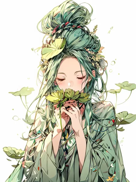 A green hair fairy with hairbun and closed eyes holding a lotus, dressed in green with leaves, in the style of anime-like characters, flowerpunk, herb trimpe, forest