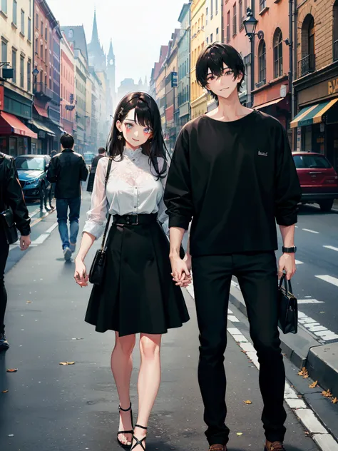 masterpiece, best quality, 2others, couple, 1man with 1woman, mature, adult, Height difference, different fashion, different color, finely detailed eyes and detailed face, intricate details, casual clothes, oversized shirt, modern urban street, holding han...