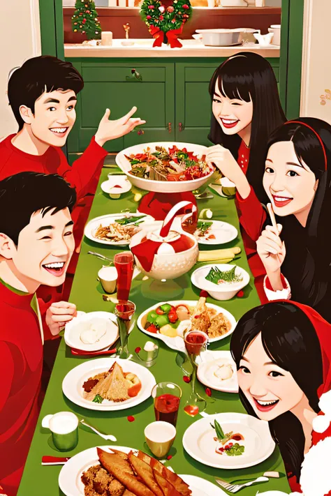 illustratio。A family enjoying chatting during Christmas。enjoy dinner。Everyone smiles。Create with illustrations。