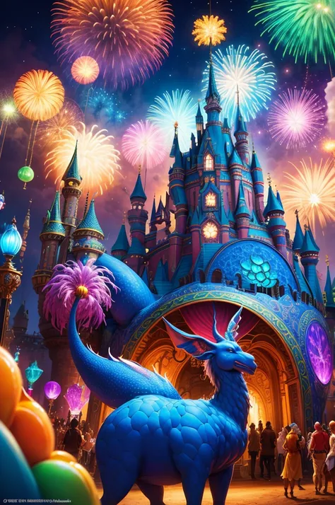 a fantasy theme park, Fantastic creatures, Enchanted castle, vivd colour, Whimsical Carousel, Thrilling roller coaster, mystical forest, Fairy tale characters, Hiryu, shimmering dazzling lighting, Immersive 3D rides, Adrenaline-Pumping Attractions, Fantast...