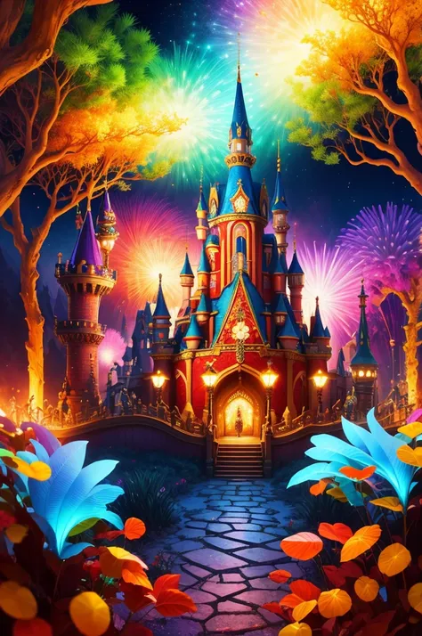 a fantasy theme park, Fantastic creatures, Enchanted castle, vivd colour, Whimsical Carousel, Thrilling roller coaster, mystical forest, Fairy tale characters, Hiryu, shimmering dazzling lighting, Immersive 3D rides, Adrenaline-Pumping Attractions, Fantast...