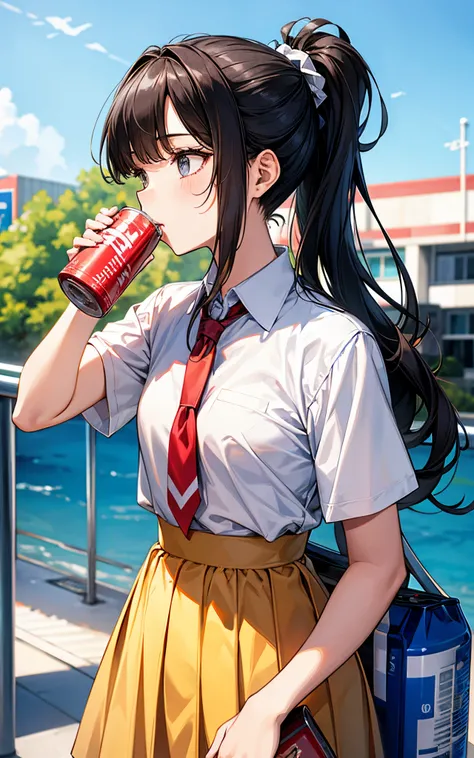 Hairstyle is ponytail、She is wearing a high school uniform、drinking canned juice with one hand、Summer sky