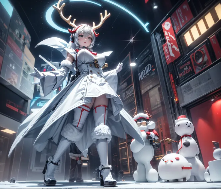 Reindeer, (blind box toy style:1.2), nuttcraker toy, (Full Body Shot) ,  1 Transparent Santa claus, Behind him is a snowman and reindeer, snowflakes, Transparent mecha, Exquisite Helmet:1.2, glowing goggles:1.2, Cyberpunk, Dreamy Glow, Luminous neon lamp, ...