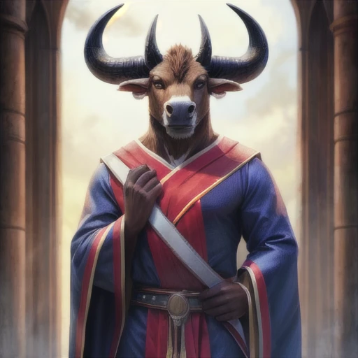 portrait bull wearing red mage robes, intricate, photorealistic, highly detailed, 8K, stoic, medium-length horns, two-tone fur, white and brown fur,