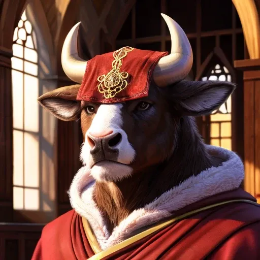 portrait bull wearing red mage robes, intricate, photorealistic, highly detailed, 8K, stoic, medium-length horns, two-tone fur, white and brown fur,