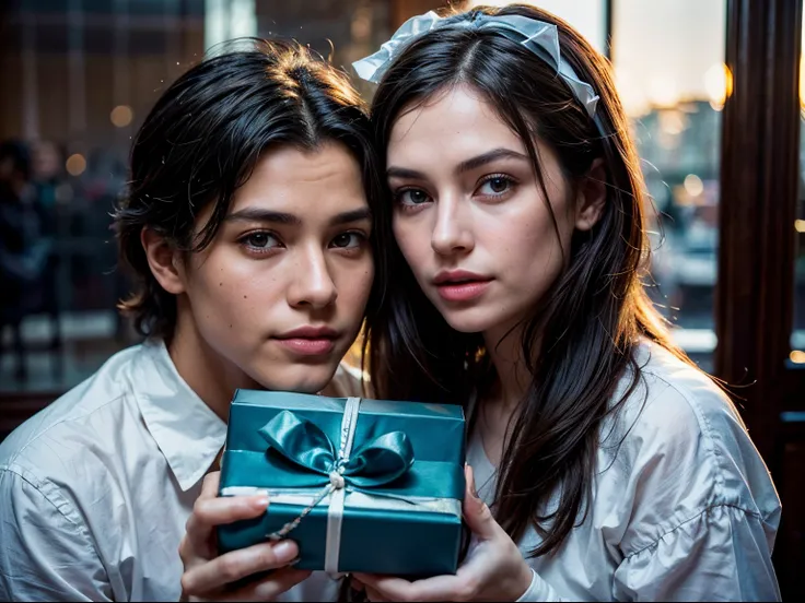 gorgeous photo of alluring and handsome male giving a gift box to a woman, they are inside a luxury boutique, ((couple is dressed in formal attire)), (high end interior:0.6), the gift ((box is glossy aqua color with a white ribbon bow:1.1)) a feeling of eu...