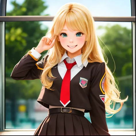 fetal A cheerful blonde girl with long hair, wearing a high school uniform and sticking out her tongue standing split dark skin --auto --s2