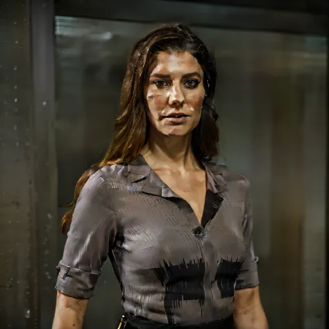 there is a woman in a gray shirt posing for a picture, barbara hammer 4 k, female lead character, arnold maya render, promotional portrait, cinematic bust portrait, cinematic realistic portrait, claudia black, cinematic goddess body shot, highly detailed v...