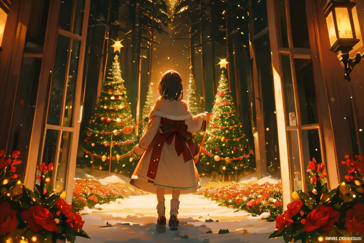 Create exquisite illustrations reminiscent of Makoto Shinkais style, It has ultra-fine details and top-notch quality. Creating an illustration where every tree in the forest is adorned with Christmas decorations. A girl explores the forest surrounded by nu...