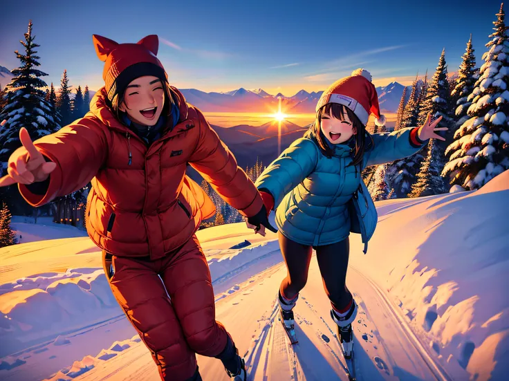 illustratio。Couple having fun at the ski resort on Christmas。Looks happy