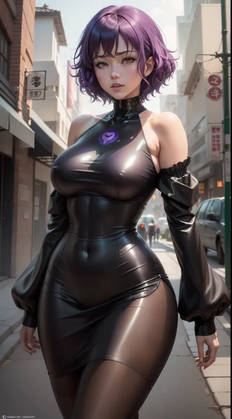 Kusanagi&#39;s portrait_motoko, The is very detailed, 詳細な目, 详细的脸, Purple colored hair, red eyes,Anime style woman wearing black tights， anime《Fantasma na Concha》Curly, kusanagi, Misato Katsuragi, Inspired by Morikage Hisumi, anime, Fantasma na Concha, Ghos...