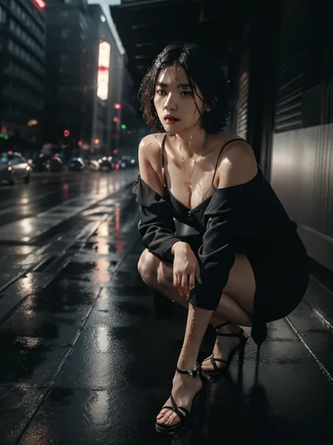 (best quality,masterpiece,ultra-high-res,photorealistic:1.5,raw photo:1.2),2 girls,offshoulder,dark ambiance,deep shadows,low key lighting,cold color palette,sexy gaze,short hair,long legs,fashionable outfits,sleek and modern background,urban setting,drama...