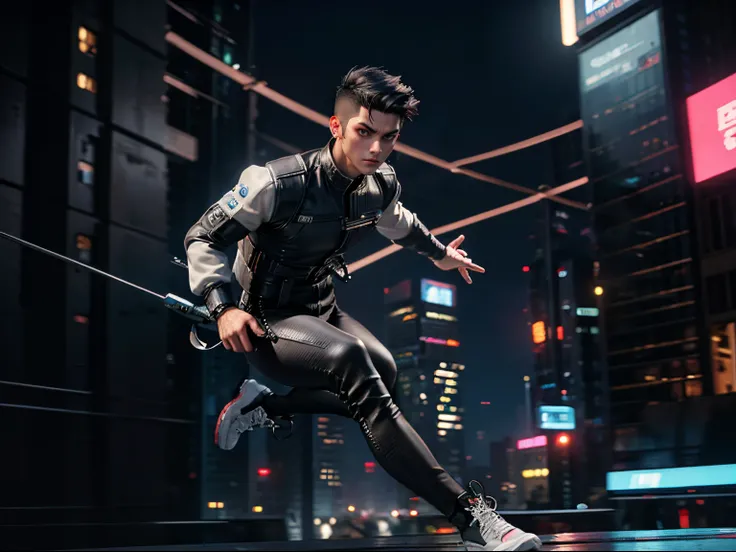 Adult male with black hair and short shaved sides.、White sportswear、Cyberpunk City of the Future、deep in the night、((Running))、((mid air shot))、(side view)、(Full body)