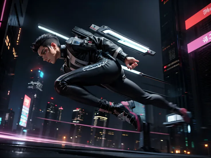 Adult male with black hair and short shaved sides.、White sportswear、Cyberpunk City of the Future、deep in the night、((Running))、((mid air shot))、(side view)、(Full body)