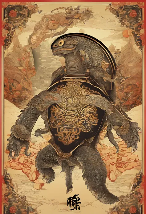 (tmasterpiece,high qulity,hyper HD,16k：1.3)mythological beasts,Turtle and snake fusion,faucet,carapace, quadrupedal,wings,火焰,mystical colors,eastern style,Traditional cultural elements