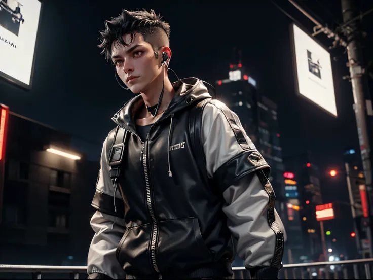 Adult male with black hair and short shaved sides.、jogging wearing white sportswear、Listening to music through earphones、Cyberpunk City of the Future、deep in the night