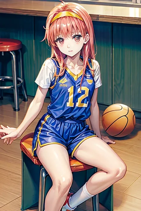 fujisaki shiori, yellow hairband, sitting on barstool cushion, basketball uniform, short shorts,