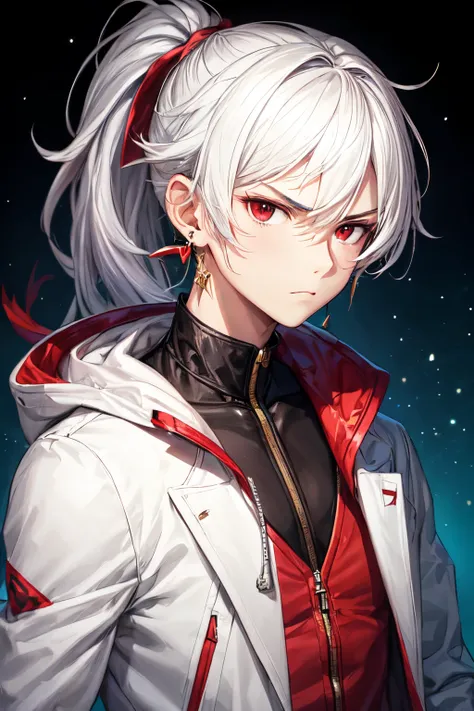 Young boy with white hair a ponytail, sharp and red eyes, a White Jacket, with an earring on his left ear, good psyche, serious face