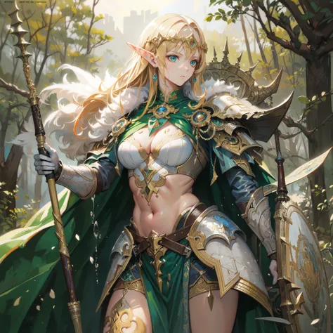 (((masterpiece))), (((best quality))), ((ultra-detailed)), (illustration), (detailed light), ((an extremely delicate and beautiful)), A Royal Female elf guard with long blonde hair wearing a majestic white green armor with green fabric and white armored pl...