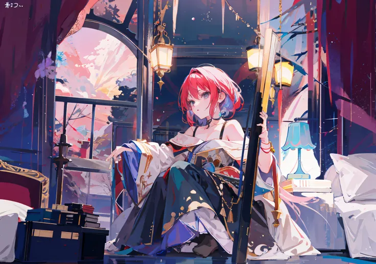 solo fondo, background of curtains and anime room are gathered around a bed., fondo colorido, Fanart oficial, anime in fantasy style, Pixiv, anime fantasy illustration, Estilo anime como el destino/stay night,