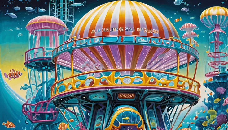 (((very detailed gouache painting:1.5))), (((deep sea futuristic_amusement_theme_A park integrated with an aquarium with extremely detailed gouache illustrations:1.4))), (((futuristic intricate details_Underwater futuristic sci-fi roller_coaster and ferris...