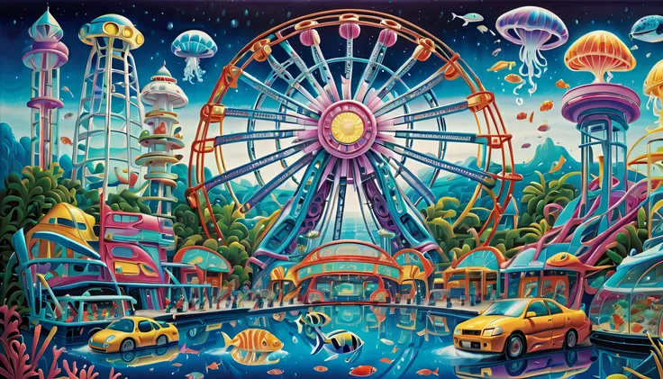 (((very detailed gouache painting:1.5))), (((deep sea futuristic_amusement_theme_a park integrated with an aquarium with extreme...