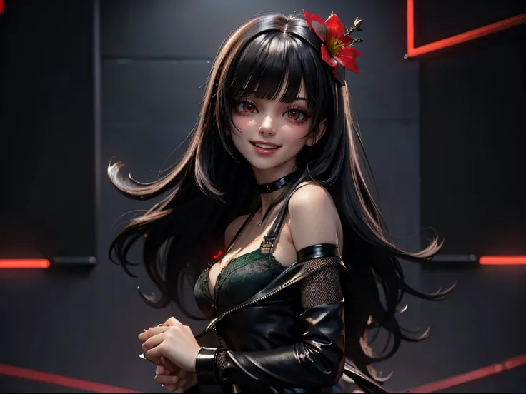 Beautiful girl with straight black hair, Blunt bangs、1 red flower hair ornament、wide black choker around the neck、(Emerald green mesh decoration on chest)、Black pants、Black Leather Bondage Suit、cyberpunk city hall、Laughing eyes,　Smile with open mouth、 (Ful...