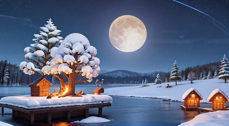 Trees and firewood on the lake on a bright moon at night, heavy snowy, snowman,