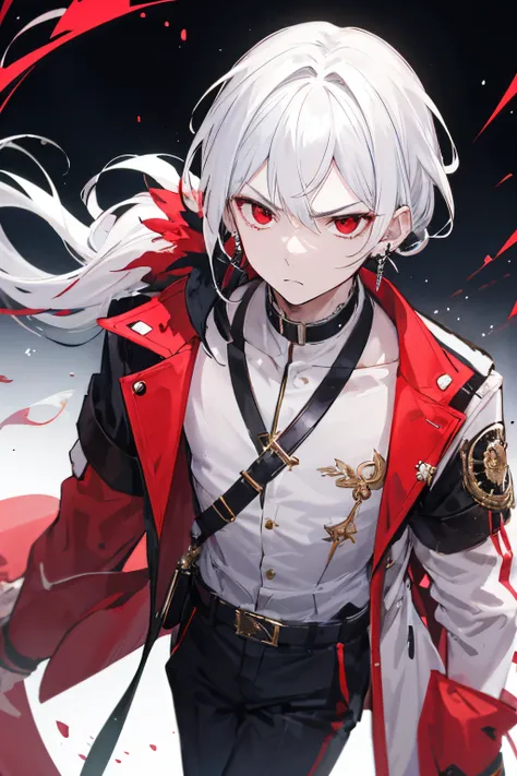 Young boy with white hair a ponytail, sharp and red eyes, a White Jacket, with an earring on his left ear, good psyche, serious face