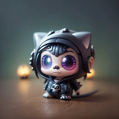 (best quality, fofo, bem detalhado, Estilo DreamWorks Pixar:1.1),mini chibi skull appearance, em um ambiente escuro com luz direcionada, extremamente bem detalhado, cores vibrantes,Bokeh,studio lighting --auto --s2