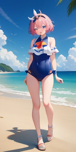 Honkai Threes Cier，Clear sky，Wearing a swimsuit by the sea，There is one at her feet，sandcastle，He has a hearty smile，looking at you，It seems that if you tell me to come quickly,