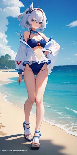 Honkai Threes Cier，Clear sky，Wearing a swimsuit by the sea，There is one at her feet，sandcastle，He has a hearty smile，looking at you，It seems that if you tell me to come quickly,