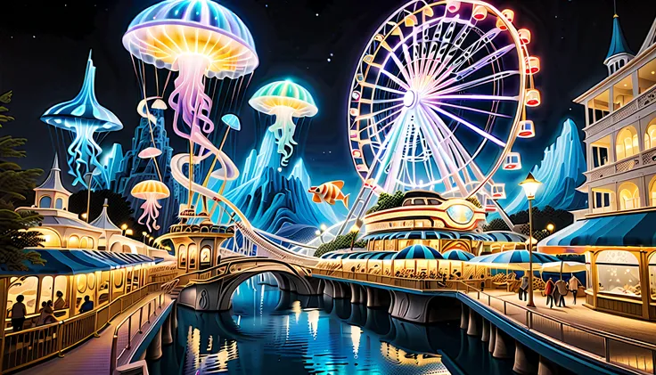 very detailed gouache painting, (((deep sea futuristic_theme_A park integrated with an aquarium with extremely detailed gouache illustrations:1.4))), (((futuristic intricate details_underwater futuristic_SF_roller_coaster and ferris wheel_Wheel:1.4))), (((...