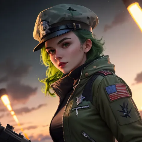 there is a green skin lady with a hat and a jacket, a raytraced image inspired by Doc Hammer, tumblr, realism, soldier outfit, ,ripped up field fatigues, in a dark space mercenary outfit, wearing green battle armor, halfbody headshot, military outfit, uppe...