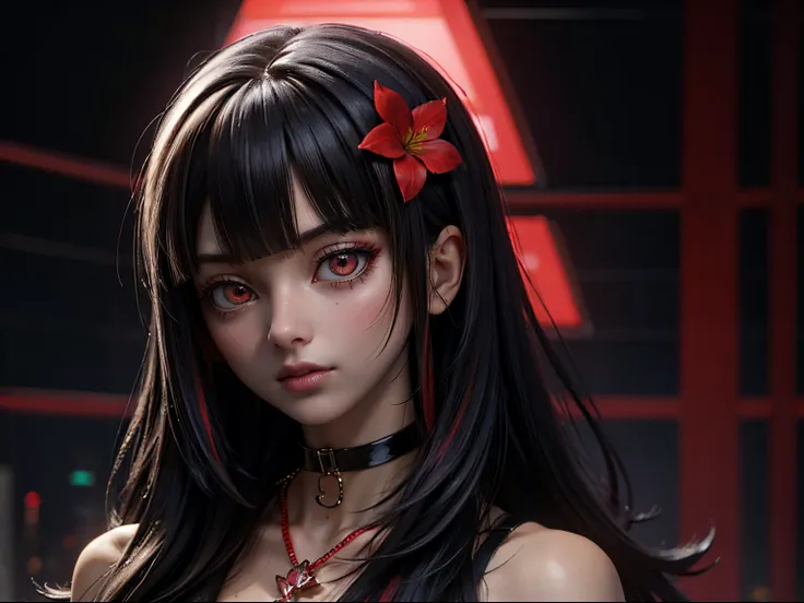 Beautiful girl with black straight hair, blunt bangs、Red Flower Hair Ornament、Black choker around the neck、Leather clothes with rainbow colored strings、Cyberpunk of the future、Presidents Secretary