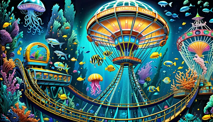 very detailed gouache painting, (((deep sea futuristic_theme_A park integrated with an aquarium with extremely detailed gouache illustrations:1.4))), (((futuristic intricate details_underwater futuristic_roller_coaster and ferris wheel_Wheel:1.4))), (((See...