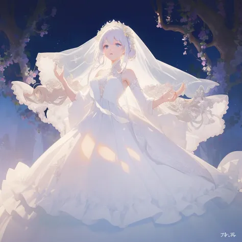 (top-quality、hight resolution、​masterpiece)、There is a wedding dress with lights on the mannequin stand、A dream world where a beautiful woman wears that dress、((Fantastical))、 translucent  dress, white royal dress, Elegant white dress, fantasy dress, Elega...