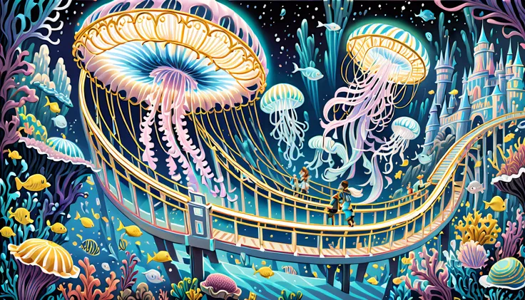 very detailed gouache painting, (((A deep-sea theme park and an aquarium with highly detailed gouache illustrations are integrated.:1.4))), (((Intricate details of a futuristic underwater roller coaster:1.4))), (((Witness the breathtaking sight of the devi...