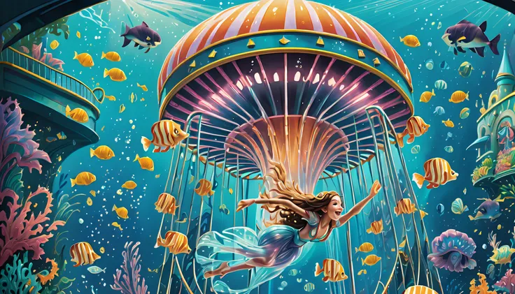 very detailed gouache painting, (((A theme park integrated with an aquarium with extremely detailed gouache illustrations:1.4))), (((Intricate details of a futuristic underwater roller coaster:1.4))), (((Behold the breathtaking sight of the evil jellyfish ...