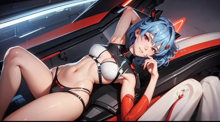 Evangelion cockpit,Masterpiece Portrait of Smiling Rei Ayanami (Shin Evangelion), Shin Evangelion (Hideaki), Caustics, high-resolution illustrations,14years, red eyes, Feminine, There are no students, Blue hair,  Short hair details, medium chest circumfere...