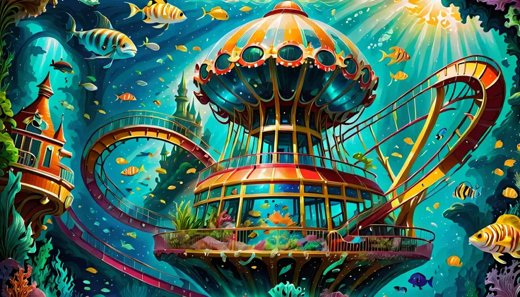 very detailed gouache painting, (((A theme park integrated with an aquarium with extremely detailed gouache illustrations:1.4))), (((Intricate details of a futuristic underwater roller coaster:1.4))), Behold the breathtaking sight of the evil jellyfish pri...